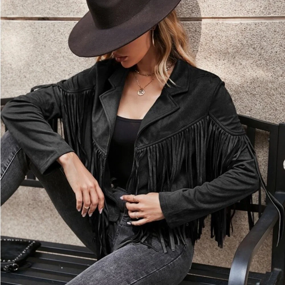 Black Fringe Women's Jacket boho festival blazer - Picture 5 of 7